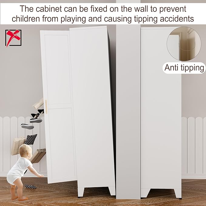 71" Metal Armoire Wardrobe Closet, Steel Clothing Storage Cabinet with Mirror and Adjustable Shelves, Household Steel Wardrobes Storage Cabinet with Adjustable Standing Feet and Hanging Rod（White）