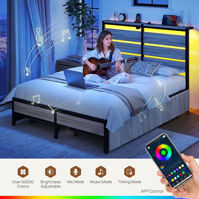 Rolanstar Full Size Bed Frame with 4 Drawers, LED Lights and Charging Station, Metal Platform Bed with Storage Headboard, Noise Free, Easy Assembly, No Box Spring Needed, Light Grey