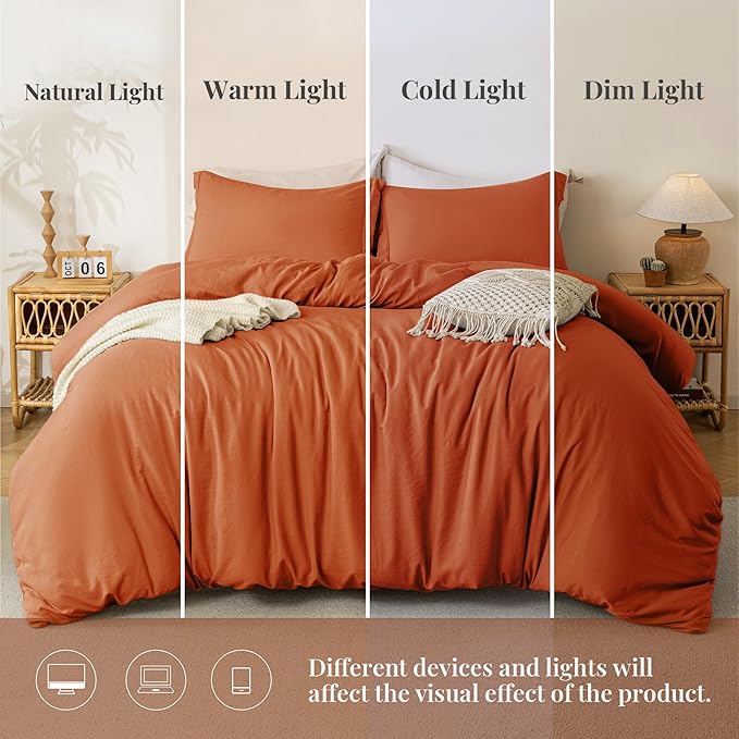 MILDLY Super Soft Duvet Cover - 100% Washed Microfiber Rust Comforter Cover Set 3 Pieces with Zipper Closure & Corner Ties (No Comforter)