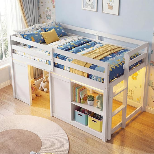 Giantex Loft Bed Twin Size with LED Lights, Wooden Low Bed Frames for Kids w/2 Doors, Under-Bed Play Space & Storage Bookcase, Modern Bedframe with Ladder & Safety Guardrail for Boys Girls (White)