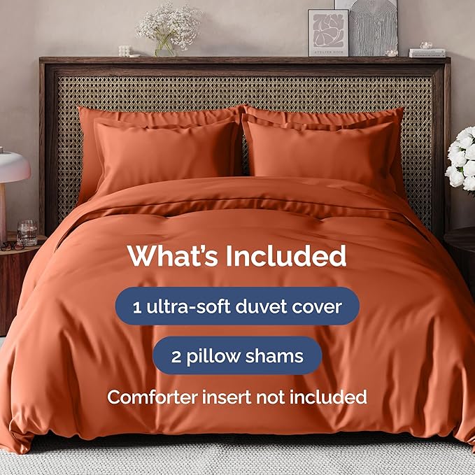 Duvet Cover Queen Size Set - Extra Soft Queen Duvet Cover 90" x 90" with 2 Pillow Shams - Hotel Luxury, Easy Care & Fade Free w/ Zipper Closures & Ties - All Season, Comfy & Breathable (Terracotta)