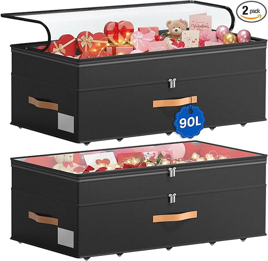 Under Bed Storage with Wheels, 2-Pack Underbed Storage Containers, No Assemble 11 inches 90L XXL Large Adjustable Storage Bins with Clear Lids, Rolling Storage for Clothes, Shoes, Blankets, Black