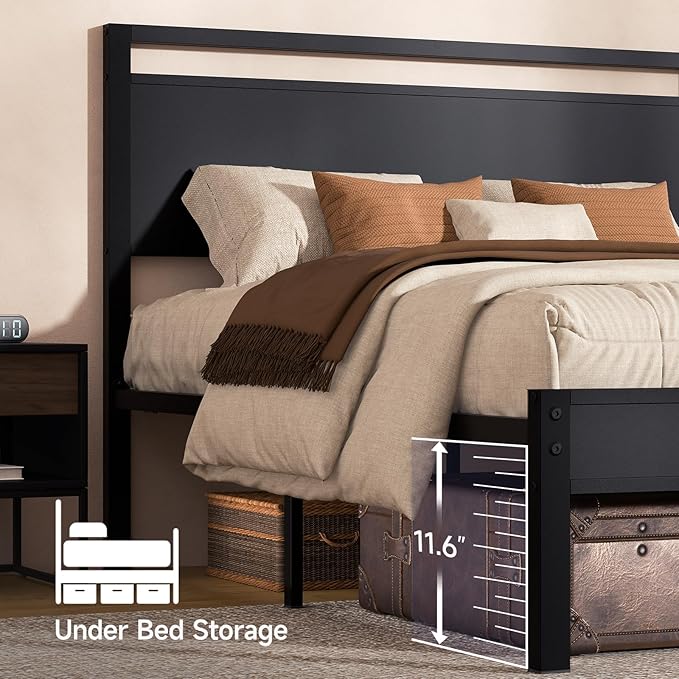 Easy to Assemble Queen Bed Frame with Wood Headboard & Footboard, Tool-Free Metal Platform Bed Frame, Upgraded Heavy Duty Sturdy Foundation, No Noise, No Box Spring Needed,Large Under Storage, Black