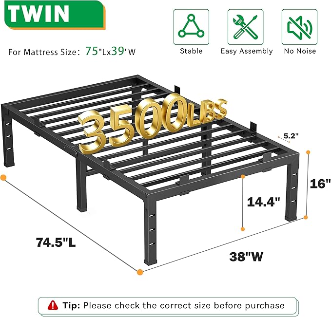 16 Inch Twin Bed Frames, Heavy Duty Metal Platform 3500 lbs Capacity, No Box Spring Needed, 6 Mattress Slide Stopper, Headboard Holes, Noise-Free, Easy Assembly