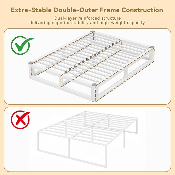 10 Inch King Size Bed Frame with Rounded Corner and Squeak Free U-Slot Design, Metal Platform Bed Frames 6 Non-Slip Guards, 3500lbs Heavy Duty Steel Slat Support, No Box Spring Needed, White