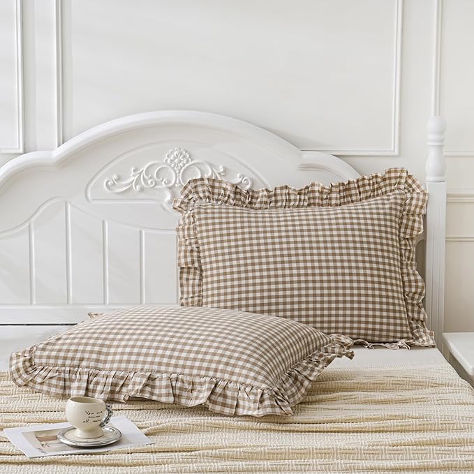 2 Pack Taupe White Plaid Gingham Ruffle Pillow Shams Standard Size 20x26 inches, 100% Washed Cotton Checkered Farmhouse Pillow Covers for Bed/Sofa (20x26 inches,Taupe/White Plaid)