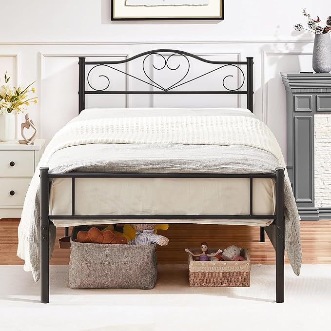 VECELO Metal Platform Bed Frame with Headboard & Footboard, Steel Slats Mattress Foundation, No Box Spring Needed, Twin, Matte Black