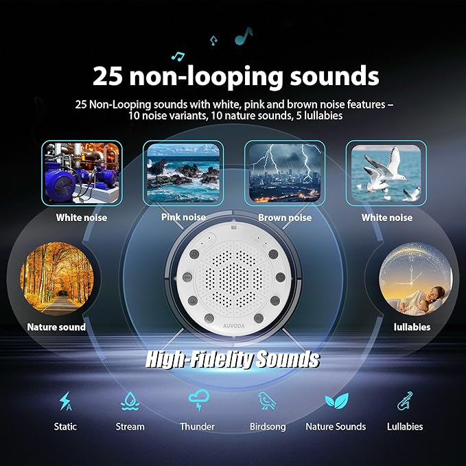 S318 Sound Machine, White Noise Sound Machine for Sleep, Baby, Kids, Adults, Home, Office, Travel, Portable, 25 Non-Looping Sounds, 11-Color Night Light, Memory & Timer, BT5.3, Rechargeable