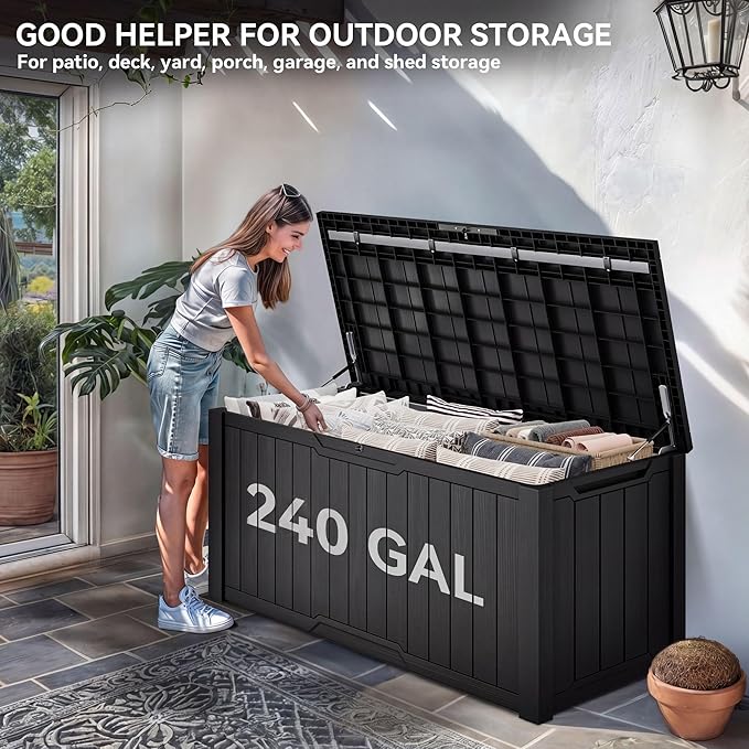 YITAHOME XXL 240 Gallon Large Outdoor Storage Deck Box for Patio Furniture, Outdoor Cushions, Garden Tools and Sports/Pools Equipment, Weather Resistant Resin, Lockable (Black)