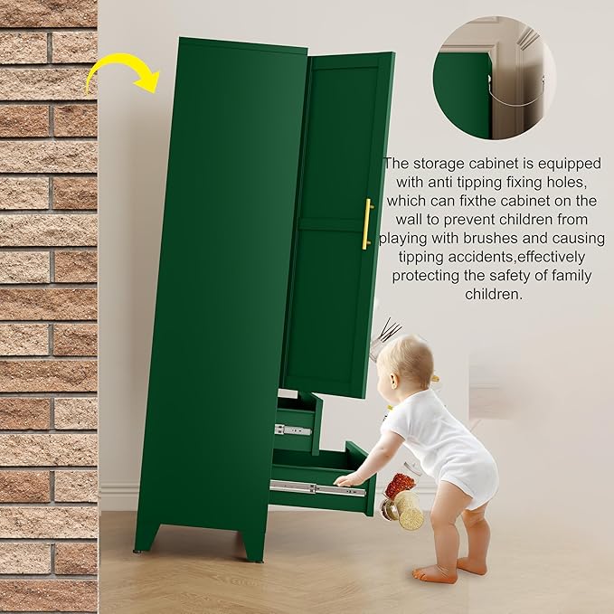 erosoei 71" H Metal Pantry Storage Cabinet,Office File Cabinets with 2 Drawers and Shelves, Kitchen Cupboard Storage Cabinet for Bedroom and Dinning Room（Green）
