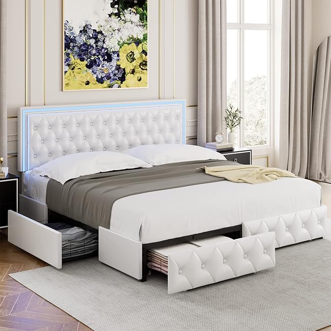 Keyluv Queen Upholstered LED Bed Frame with 4 Drawers, PU Leather Platform Storage Bed with Adjustable Button Tufted Headboard and Solid Wooden Slats Support, No Box Spring Needed, White