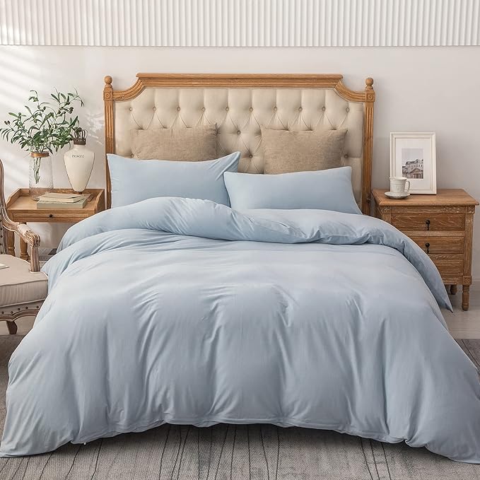 PURE ERA Jersey Knit Duvet Cover Set 100% T-Shirt Cotton Super Soft Comfy 3pc Bedding Set with Zipper Closure (Solid Light Blue, King)