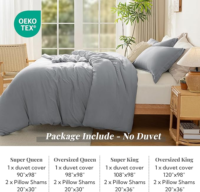 MILDLY Super Soft Duvet Cover - 100% Washed Microfiber Grey Comforter Cover Set 3 Pieces with Zipper Closure & Corner Ties (No Comforter)