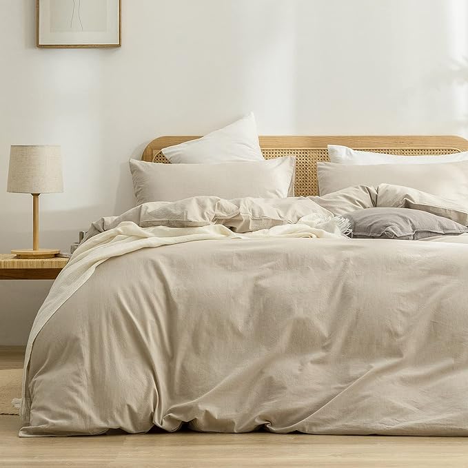 BESTOUCH Duvet Cover Set 100% Washed Cotton Linen Feel Super Soft Comfortable Chic Lightweight 3 PCs Home Bedding Set Solid Almond Milk Grey Super King