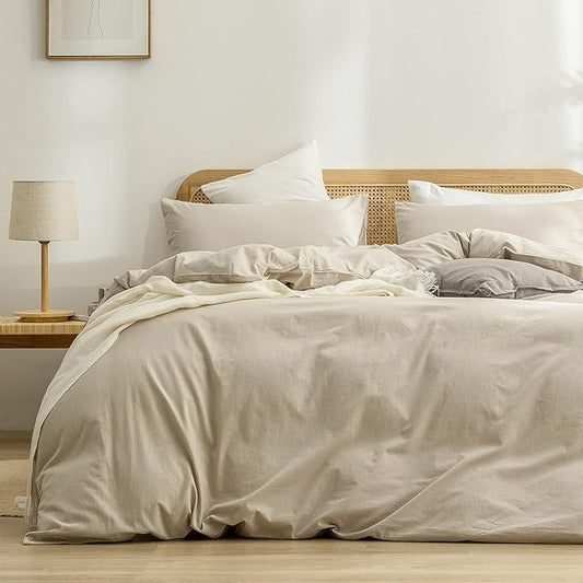 BESTOUCH Duvet Cover Set 100% Washed Cotton Linen Feel Super Soft Comfortable Chic Lightweight 3 PCs Home Bedding Set Solid Almond Milk Grey Super King