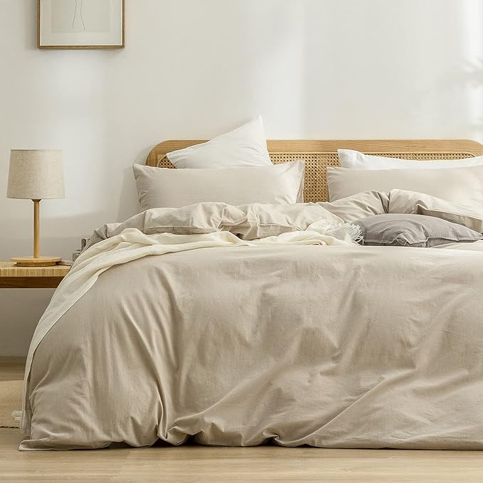 BESTOUCH Duvet Cover Set 100% Washed Cotton Linen Feel Super Soft Comfortable Chic Lightweight 3 PCs Home Bedding Set Solid Almond Milk Grey Super Queen