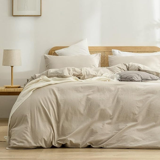 BESTOUCH Duvet Cover Set 100% Washed Cotton Linen Feel Super Soft Comfortable Chic Lightweight 3 PCs Home Bedding Set Solid Almond Milk Grey Super Queen