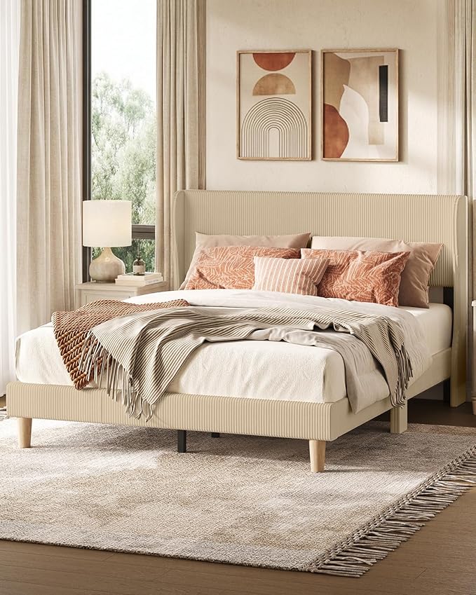 Bestier Queen Bed Frame with Wingback Headboard,Upholstered Platform Queen Size Bed with Strong Wooden Slats,No Box Spring Needed,Never Squeaks,Easy Assembly,Taupe