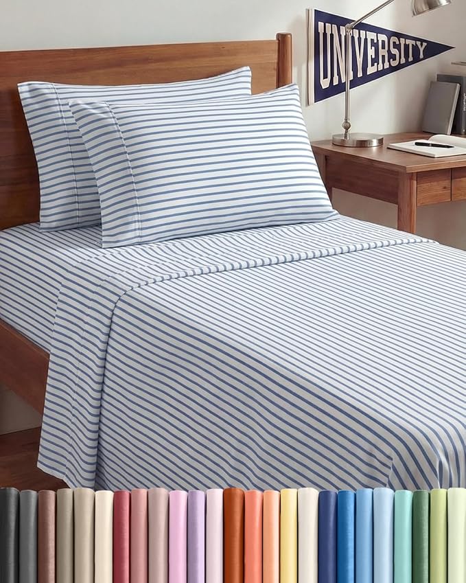 Twin XL 4 Piece Sheet Set - Comfy, Breathable & Cooling - Soft Hotel Luxury Bedding for Women, Men, Kids, Teens & Children - 1 Flat & 1 Fitted Sheet & 2 Pillowcases w/ Deep Pockets - Blue Stripes 2
