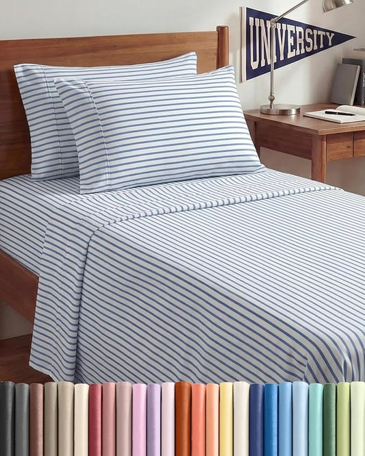 Twin XL 4 Piece Sheet Set - Comfy, Breathable & Cooling - Soft Hotel Luxury Bedding for Women, Men, Kids, Teens & Children - 1 Flat & 1 Fitted Sheet & 2 Pillowcases w/ Deep Pockets - Blue Stripes 2