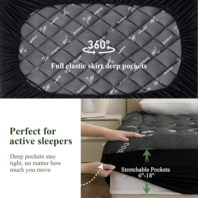 King Mattress Topper, Viscose Derived from Bamboo Thick Pillow Top Mattress Pad with Deep Pocket, Naturally Cooling for Hot Sleepers, Soft for Back Pain Relief, Premium Dark Grey