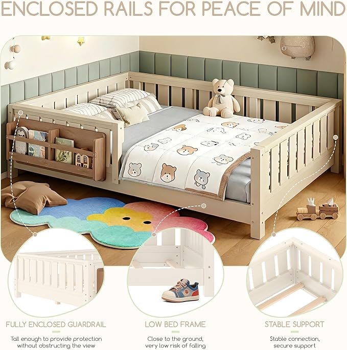 Bellemave Full Size Floor Bed Frame with Fence & Bookshelf, Solid Pinewood Montessori Floor Bed Full with Slats Load 450LBS, Low Profile Floor Bed for Kids, Bedroom, Nursery, Easy Assembly,Beige