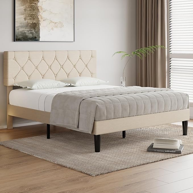 VECELO Queen Bed Frame with Button Tufted Headboard, Upholstered Platform with Wooden Slat Support, No Box Spring Needed, Dark Beige