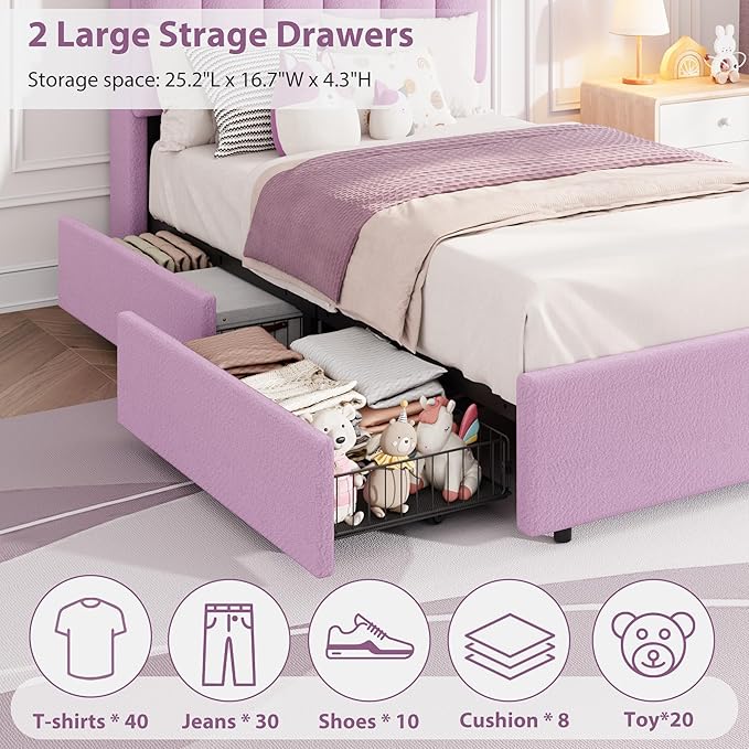 Garvee LED Twin Size Bed Frame with Storage Headboard, Kids Bed Frame with 2 Drawers, Boucle Upholstered Platform Bed for Girls, Chic Wavy Headboard with Bookcase, No Box Spring Needed, Purple