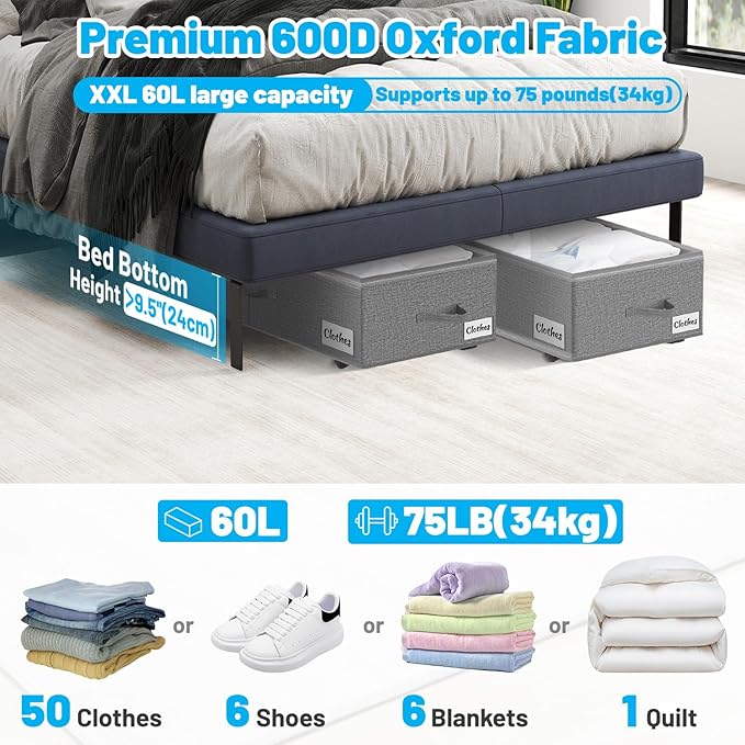 Under Bed Storage with Wheels, 2-Pack 10" Height XXL 60L Rolling Storage Bins, Quick Assembly Underbed Shoe Storage Containers with Clear Lid & Label, Dorm Under Bed Drawers for Clothes, Shoes, Grey