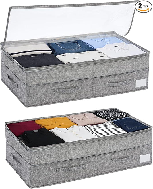 Under Bed Storage Containers with Lids, Foldable Underbed Organizer with Handles, Large Closet Storage Bins for Clothes, Blankets, Shoes, Bedroom Organization (2 Pack)