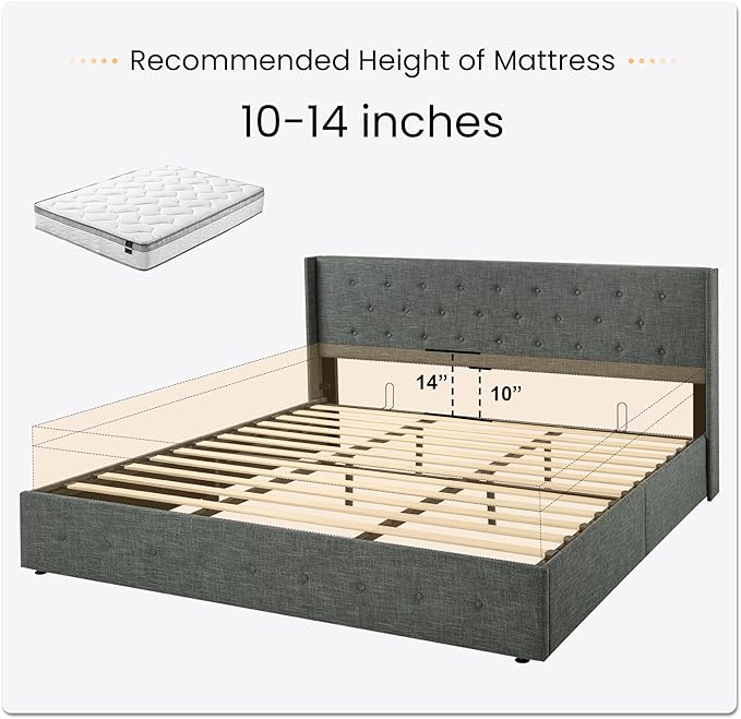 SHA CERLIN King Size Lift Up Storage Bed Frame,Button Tufted Wingback Headboard,Upholstered Platform,Hydraulic Storage,Wooden Slat Support,No Box Spring,Dark Grey