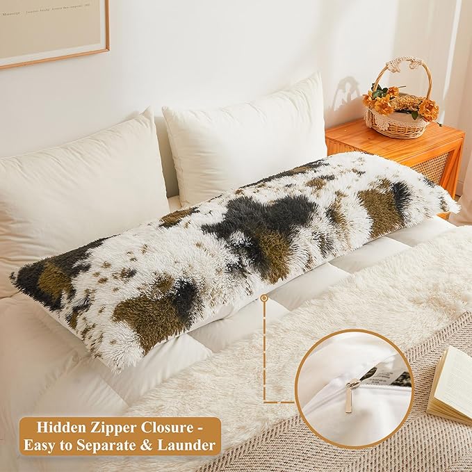 XeGe 20x54 Fluffy Body Pillow Cover, Cow Print Plush Fuzzy Faux Fur Body Pillowcase with Zipper, Farmhouse Shaggy Furry Long Pillow Cover for Pregnant Women Side Sleeper, Cow Print Brown