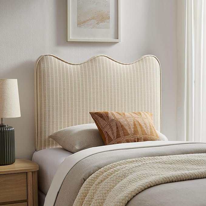 Monday Athena Striped Fabric Upholstered Twin Size Adjustable Headboard in Oatmeal Stripe - with Scalloped Wave Design and Soft Linen-Like Fabric
