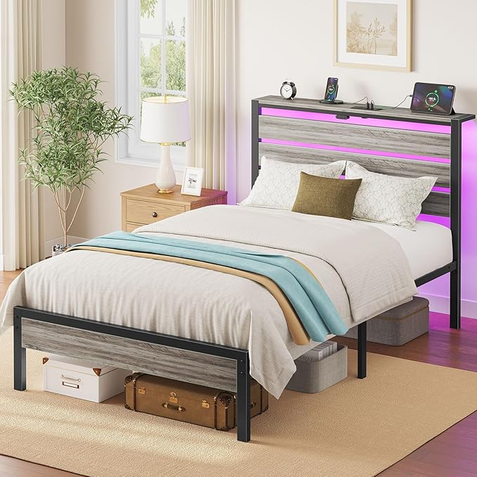 Rolanstar Bed Frame Twin Size with USB Charging Station, LED Bed Frame with Wood Storage Headboard, Light Grey Metal Platform Bed with Under Bed Storage, No Box Spring Needed, Noise Free