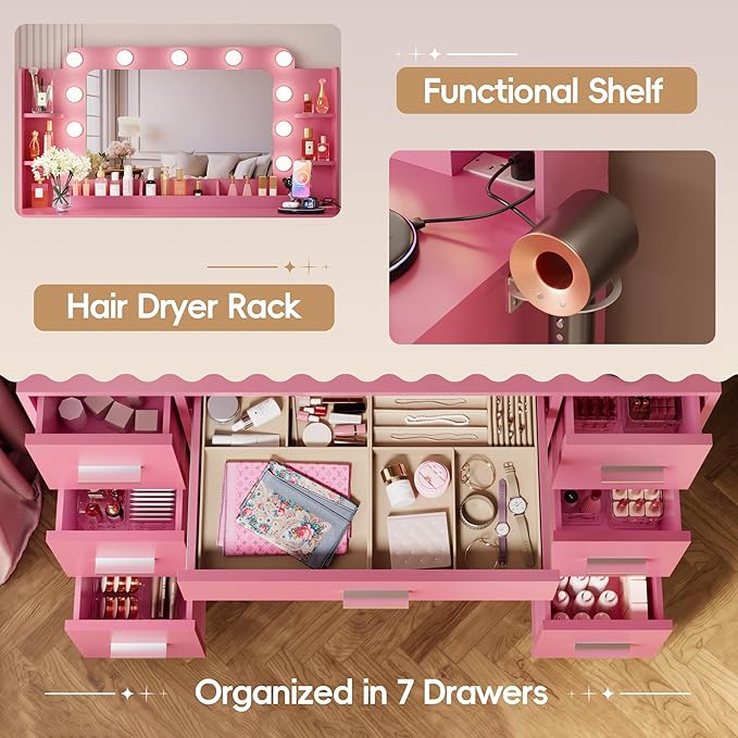 Furmax Vanity Desk with Hollywood Style Mirror with LED Lights, Makeup Table Vanity with 2 AC Outlets and1 USB＆1 Type-C Port, Adjustable Lighting, Modern Ample Storage Drawers Dressing Table (Pink)