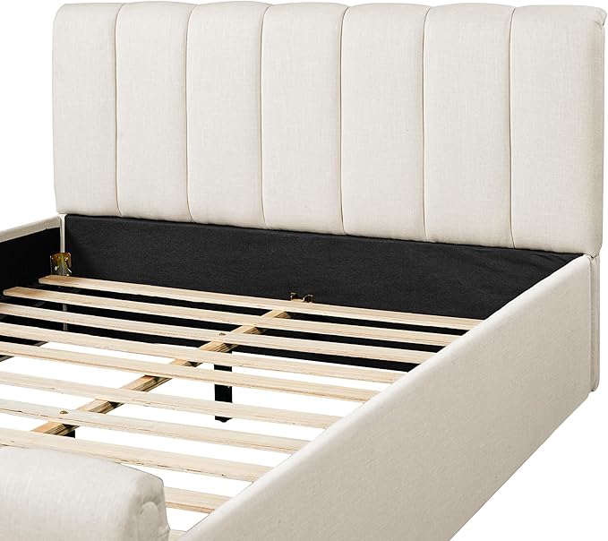 Merax Queen Size Upholstered Platform Bed with Thick Headboard and Footboard, Block Style Linen Fabric Bed Frame with Solid Wood Legs, Beige