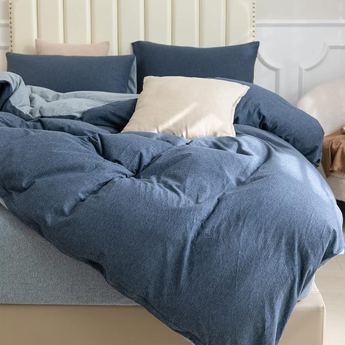 PURE ERA Jersey Knit Duvet Cover Set 100% T-Shirt Cotton Super Soft Comfy 3pc Bedding Set with Zipper Closure (Solid Navy/Blueish Grey, King)