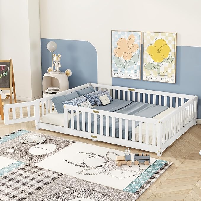 Bellemave Full Size Floor Bed with Slats and Safety Guardrail, Full Size Montessori Floor Bed with Fence and Door, Easy Assemble Montessori Beds for Kids, Girls, Boys, White
