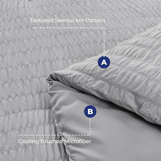 HYMOKEGE Light Grey Duvet Cover Full Size, Ultra Soft 3-Piece Seersucker Duvet Cover Set with Zipper Closure, Soft Brushed Microfiber Bedding Set with 8 Corner Ties (80"x90", 2 Pillowshams)