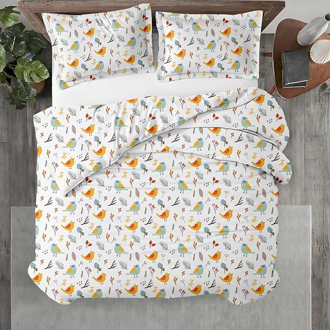 Kotton Culture 3 Pc Twin Size Duvet Cover Set- 100% Egyptian Cotton 600 TC Ultra Soft Premium Durable Comforter Cover Zipper Closure & Corner Ties (Forest Birds, Twin/Twin XL 68" X 90")