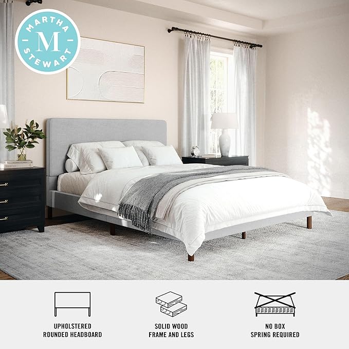 Martha Stewart Britta Platform Bed with Headboard & Footboard, Faux Linen Upholstery with Piping Detail, Rounded Headboard, No Box Spring Needed, Queen, Gray