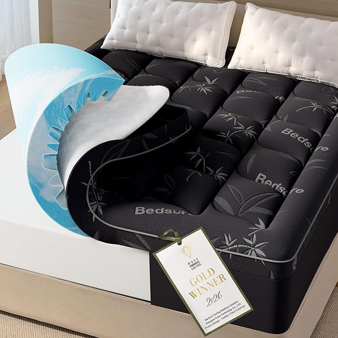 Bedsure Dual-Layer 5 Inch Memory Foam Mattress Topper Queen, 3 Inch Memory Foam + 2 Inch Viscose Made from Bamboo Mattress Topper Pad Cover, Breathable & Pressure Relief, Black