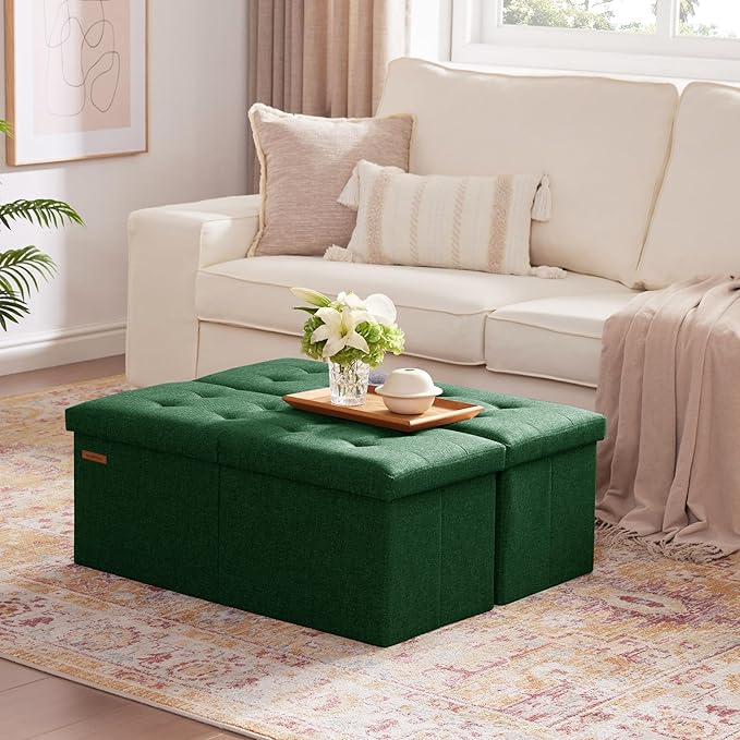 HAUSFRAU 31.5 Inches Ottoman with Storage Bench, Folding Ottoman Bench Small Foot Rest Stool, Bedroom Bench with Flipping Lid, Linen Green