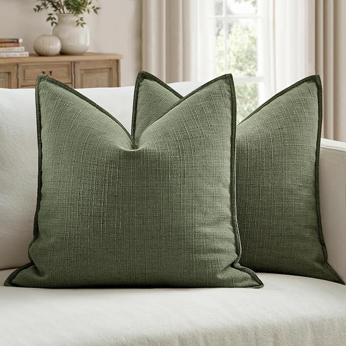 MIULEE Euro Sham Pillow Covers for Bed 24x24, 2 Pack Dark Green Thick & Textured Decorative Throw Pillow Covers, Neutral Linen Cushion Cases, Modern Farmhouse Home Decor, No Filling