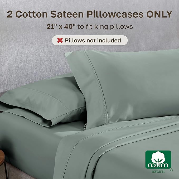 California Design Den King Size Pillowcase Set - 400 Thread Count, 100% Cotton Sateen, Set of 2 Pillow Covers, Soft and Breathable - Sage Green