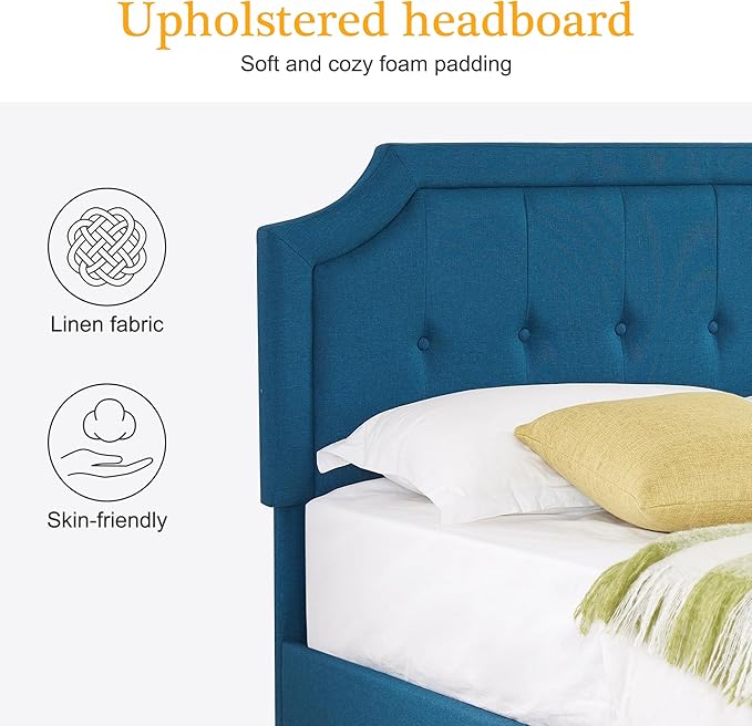 VECELO Full Size Platform Bed Frame with Fabric Upholstered Headboard and Wooden Slats Support, No Box Spring Needed/Easy Assembly,Blue