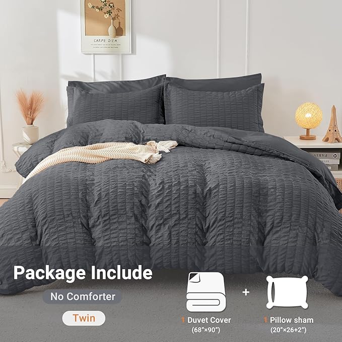 HYMOKEGE Dark Grey Twin Size Duvet Cover, Ultra Soft 2-Piece Seersucker Duvet Cover Set with Zipper Closure, Soft Brushed Microfiber Bedding Set with 8 Corner Ties (68"x90", 1 Pillowshams)