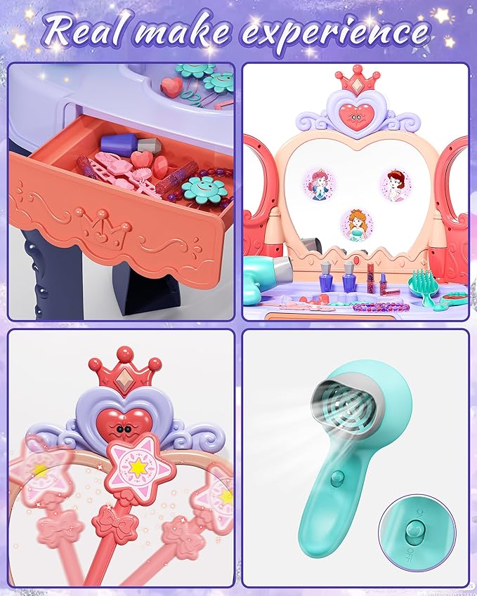 Eohemeral Magic Sensor Toddler Vanity Set with Automatic Opening Mirror, Kids Makeup Table with Induction Light & Music, Real Sound Hair Dryer, Fairy Wand & Accessories, Toy for Girls Age 3 4 5
