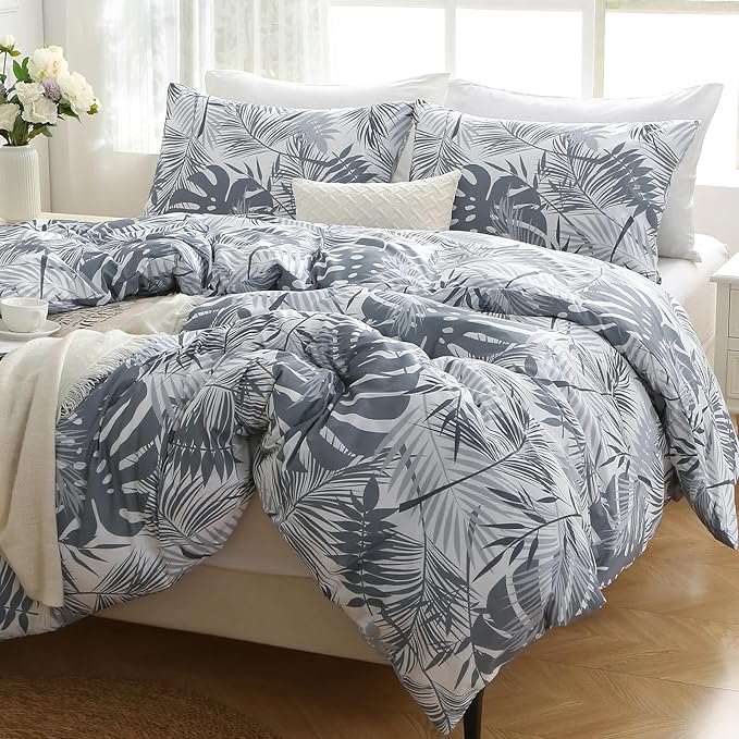 MUXHOMO Duvet Cover Queen Size, Reversible Floral Black & Grey Duvet Cover Set with Zipper Closure, 3 Pieces Botanical Patterns Soft Microfiber Bedding Set with 4 Ties (90"x90", 2 Pillow Cases) US