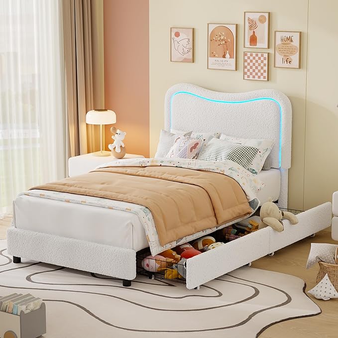 GarveeHome Upholstered LED Twin Bed Frames for Kids with 2 Drawers and Headboard, Cute Twin Bed with Storage for Girls, Boys, Sturdy Platform Bed, No Box Spring Needed, Wooden Slats, Noise, White